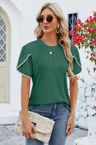 Round Neck Petal Sleeve T-Shirt Dark Green