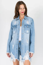 American Bazi Distressed Frayed Hem Denim Jacket LT Blue Woman Outerwear