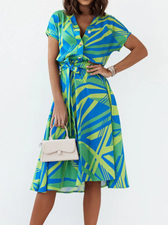 Printed Button Front Midi Dress with Belt Blue
