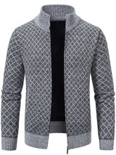 Men's Plus Size Diamond Pattern Zip-Up Knit Cardigan Gray