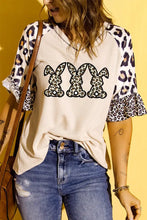 Easter Leopard Waffle-Knit Flounce Sleeve Top Khaki Woman T Shirts