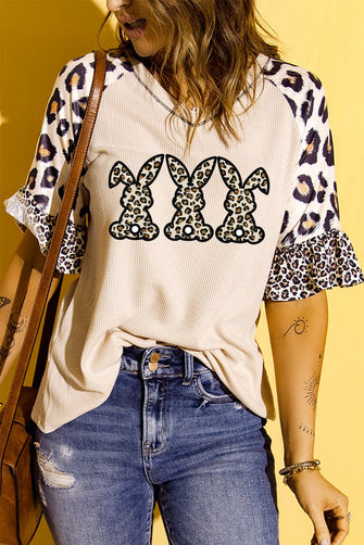 Easter Leopard Waffle-Knit Flounce Sleeve Top Khaki