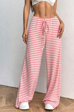 Pink and white gingham check ribbed knit drawstring wide leg pants with a comfortable drawstring waist