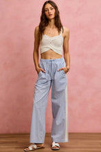 Light blue and white wide check pants with side lace trim and piping in a wide leg design