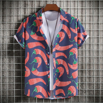 Men's Plus Size Chili Print Hawaiian Beach Shirt Orange-Red