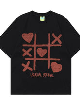 Men's Tic Tac Toe Heart Pattern Round Neck T-Shirt Black