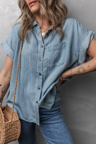 Folded Short Sleeve Patched Pocket Denim Shirt Medium