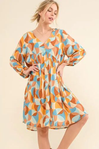 And The Why Printed Open Back Puff Sleeve Casual Dress Blue Multi Casual Dresses