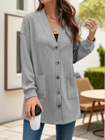 Textured Button Down V-Neck Long Sleeve Cardigan Gray Woman Outerwear