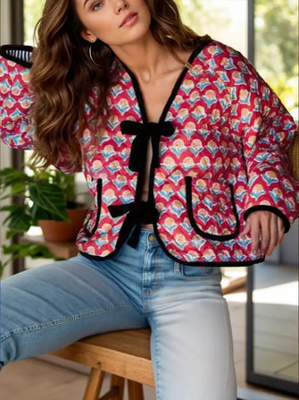 Tied Printed Long Sleeve Jacket Styl B Woman Outerwear