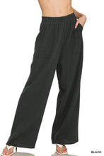 Black Zenana double gauze elastic band pants with wide legs and side pockets for comfortable casual wear