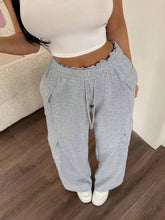 Gray heathered casual drawstring loose fit sweatpants with ruffled elastic waistband and side pockets for comfort