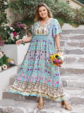 Plus Size Printed Tie Neck Flutter Sleeve Maxi Dress Pastel Blue