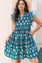 Printed Tie Neck Ruffled Cap Sleeve Dress Floral