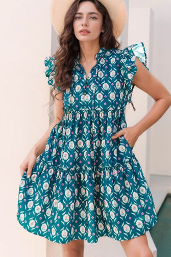 Printed Tie Neck Ruffled Cap Sleeve Dress Floral
