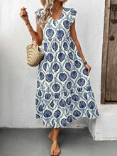 Printed V-Neck Cap Sleeve Dress Casual Dresses