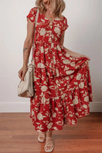Floral Print Buttoned Front V Neck Tiered Short Sleeve Midi Dress Woman Dress