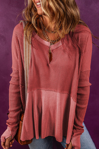 Notched Neck Long Sleeve Slit Blouse Watermelon pink Woman Blouses