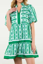 Abstract Patterned V Neck Puff Short Sleeve Mini Dress Casual Dresses