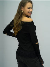 Shiny Full Size Off-Shoulder Cutout Fringe Hem Top Woman Blouses