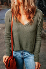 V-Neck Long Sleeve Ribbed Top Woman Blouses