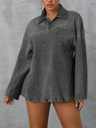 Collared Neck Drop Shoulder Denim Top Dark