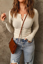 Waffle-Knit Half Snap Long Sleeve T-Shirt Tan