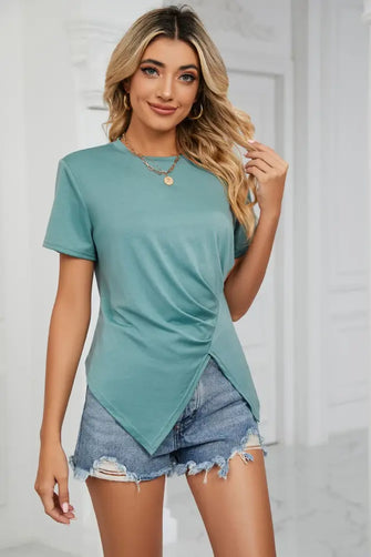 Ruched Hem Detail Crewneck T-Shirt Teal Woman T Shirts