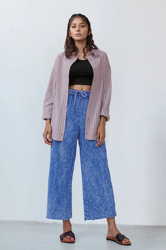 Zenana Washed French Terry Palazzo with Pockets CLASSIC BLUE