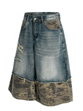 Men's Distressed Camo Panel Denim Shorts