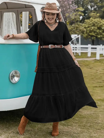 Plus Size Tie Neck Flutter Sleeve Dress Black Casual Dresses