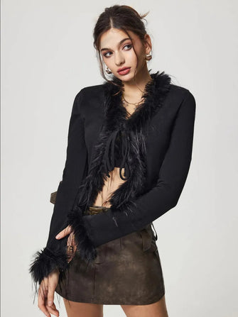 Tied Fuzzy Trim Long Sleeve Knit Cardigan Black