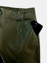 Olive green faux leather half elastic waist wide leg pants with silver buckle and side pockets