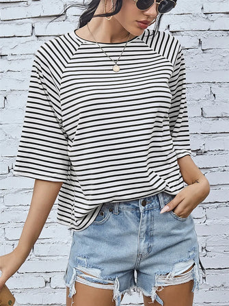 FAM-FAM Striped Round Neck Raglan Sleeve T-Shirt Stripe
