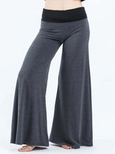 Gray high waisted wide leg yoga pants with a black contrast waistband for comfortable activewear