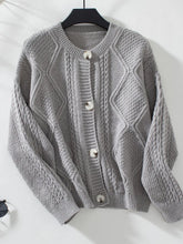 Cable-Knit Round Neck Button Up Cardigan Gray
