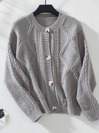 Cable-Knit Round Neck Button Up Cardigan Gray