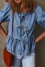 Tied Front Puff Sleeve Peplum Denim Shirt Medium