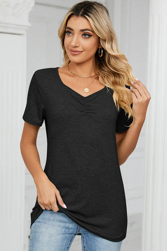 Ruched Heathered Short Sleeve T-Shirt Black