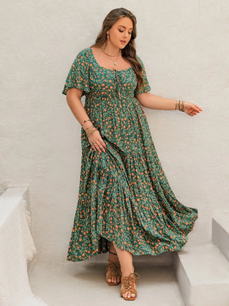 Plus Size Printed Short Sleeve Tiered Maxi Dress Dark Green