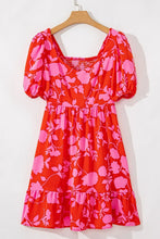 Floral Puff Sleeve Sweetheart Neck Ruffled Mini Dress