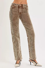 Risen tummy control mid rise straight leg corduroy pants in faded brown with whiskering and frayed hems