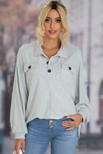 Full Size Half Button Collared Neck Long Sleeve Sweatshirt Light Gray Woman Sweatshirts