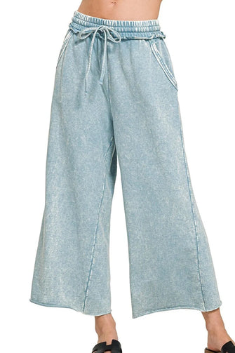 Zenana Washed French Terry Palazzo With Pockets BLUE GREY