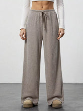 Beige ribbed knit wide leg pants with drawstring waist relaxed fit wide leg pants for comfortable wear