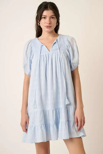 Mittoshop Tassel Tie Plaid Gauze Short Sleeve Mini Dress BLUE Casual Dresses