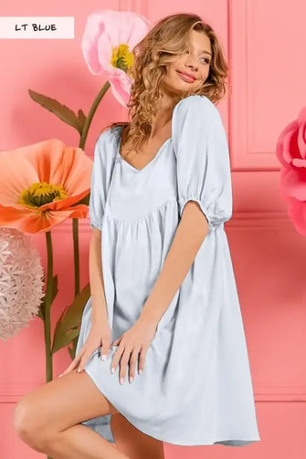 BiBi Washed Linen Tiered Midi Dress with Puff Sleeves LT BLUE Casual Dresses