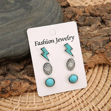 3 piece artificial turquoise stud earrings with silver-toned designs