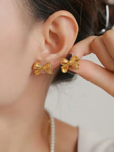 Gold bowknot stud earrings from 3-piece pearl necklace and bow necklace set