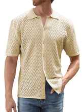 Men's Full Size Openwork Button Down Short Sleeve Shirt Plus Size Beige Mens Tops